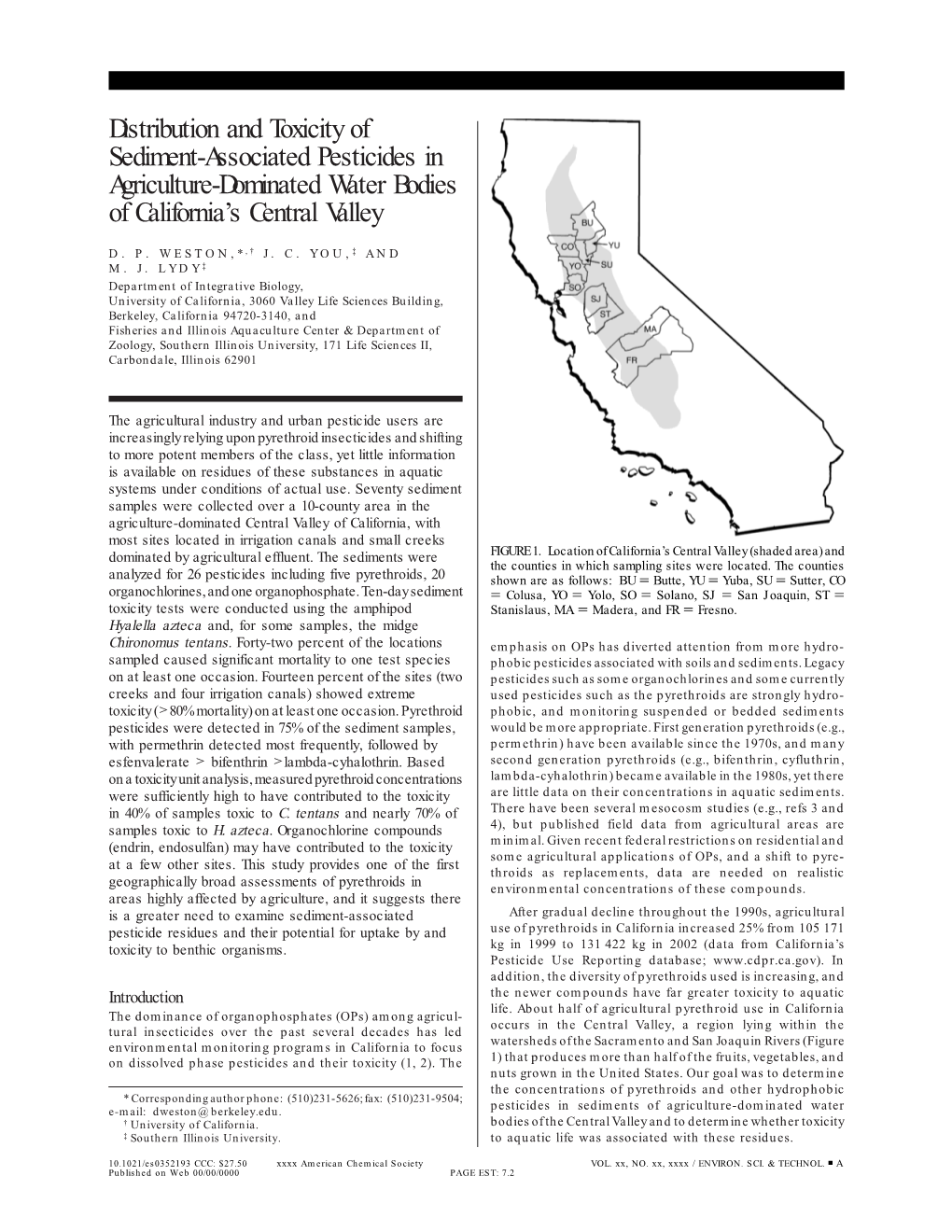 Distribution and Toxicity of Sediment-Associated Pesticides in Agriculture-Dominated Water Bodies of California’S Central Valley