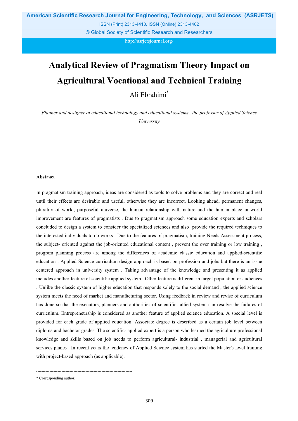 Analytical Review of Pragmatism Theory Impact on Agricultural Vocational and Technical Training Ali Ebrahimi*