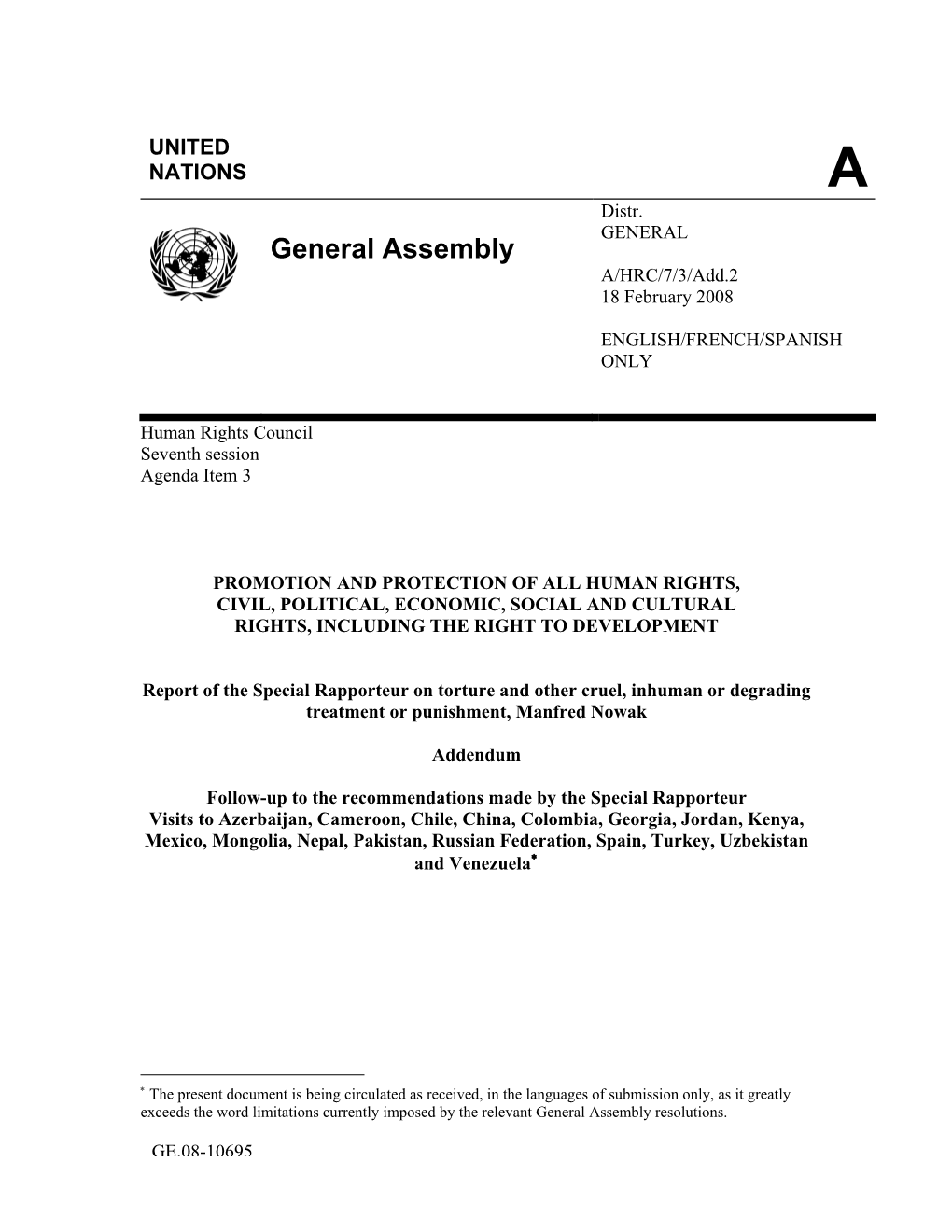 General Assembly A/HRC/7/3/Add.2 18 February 2008