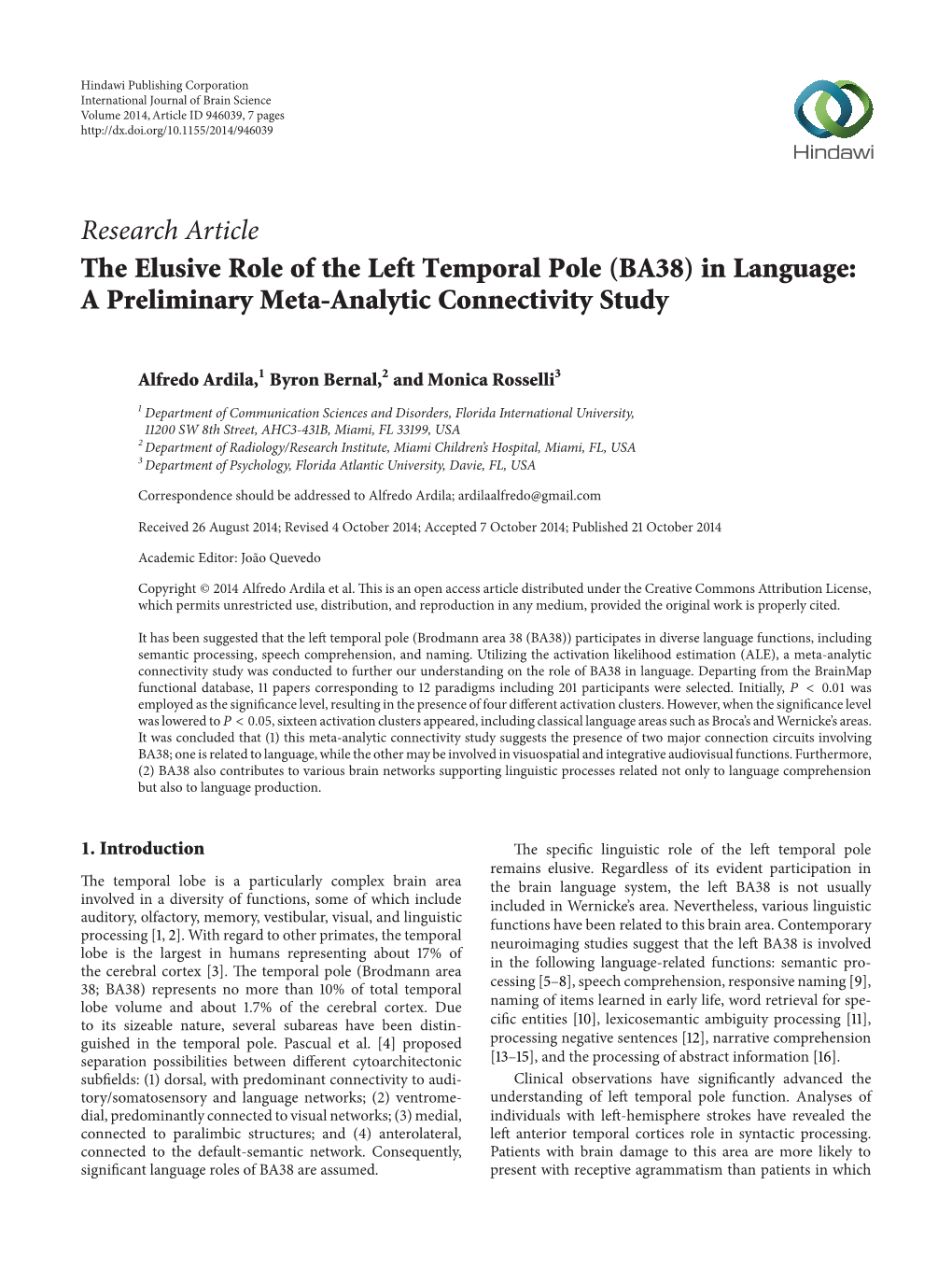 The Elusive Role of the Left Temporal Pole (BA38) in Language: a Preliminary Meta-Analytic Connectivity Study