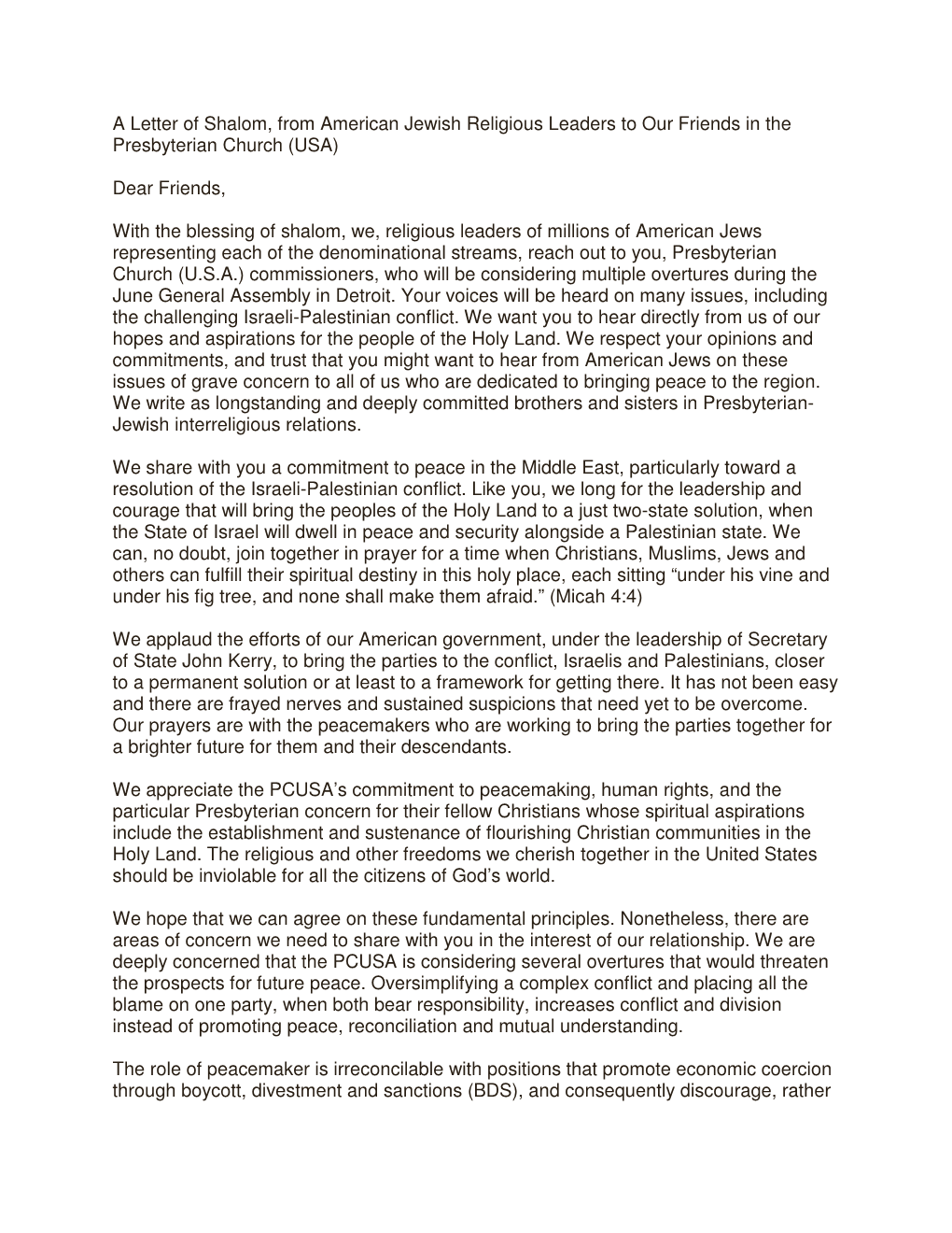 A Letter of Shalom, from American Jewish Religious Leaders to Our Friends in the Presbyterian Church (USA)