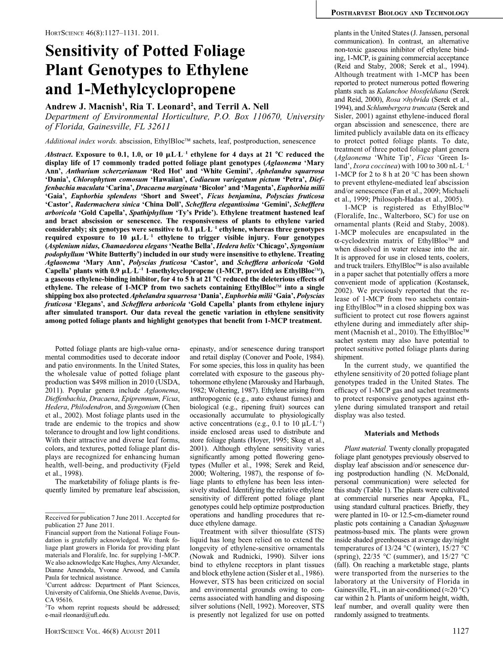 Sensitivity of Potted Foliage Plant Genotypes to Ethylene and 1