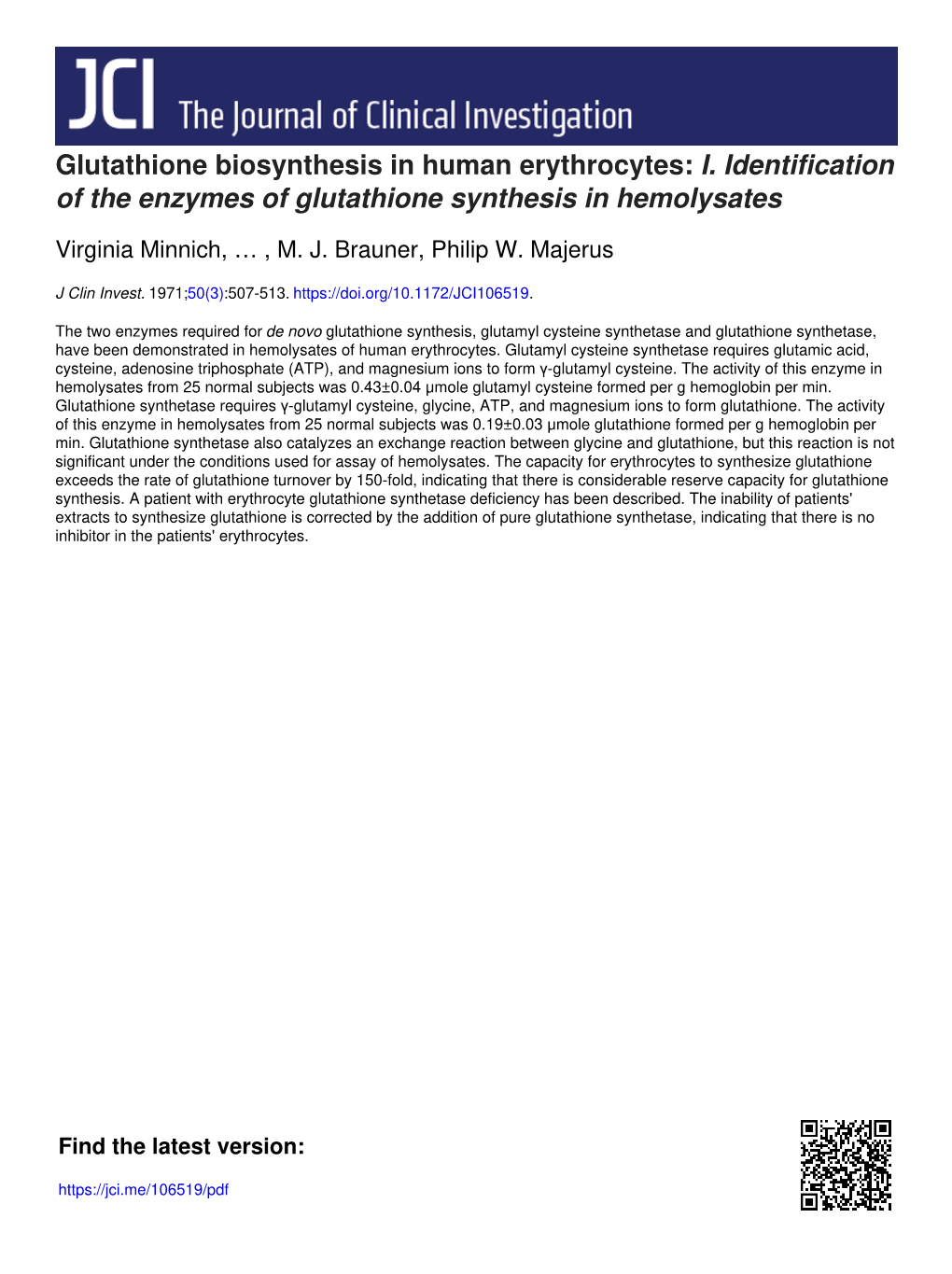 I. Identification of the Enzymes of Glutathione Synthesis in Hemolysates