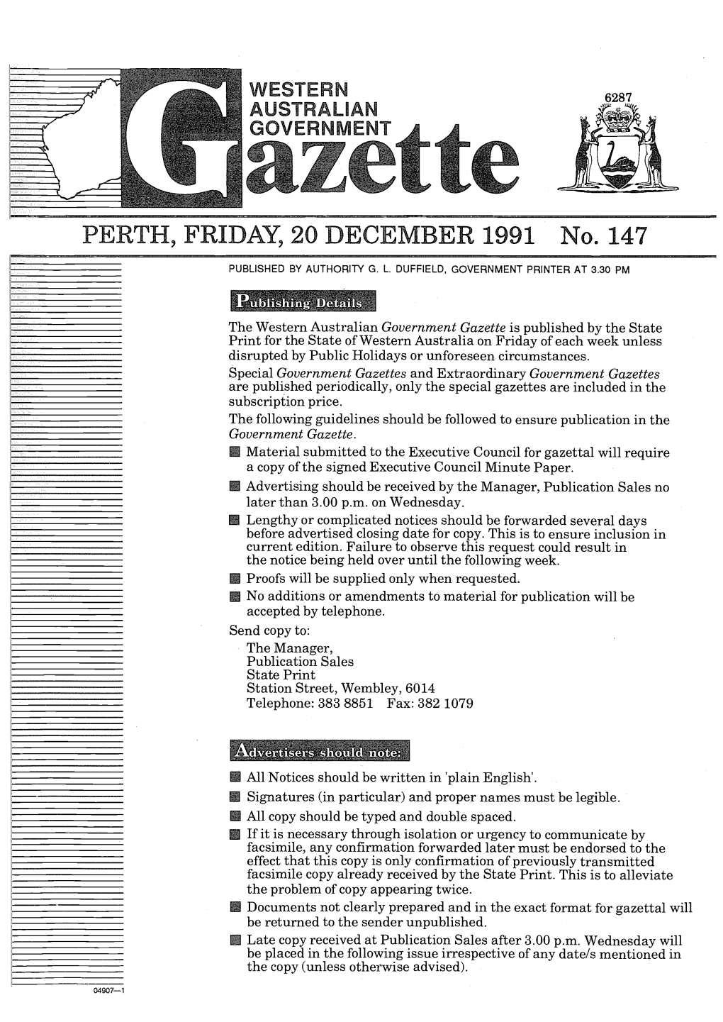 PERTH, FRIDAY 20 DECEMBER 1991 No. 147