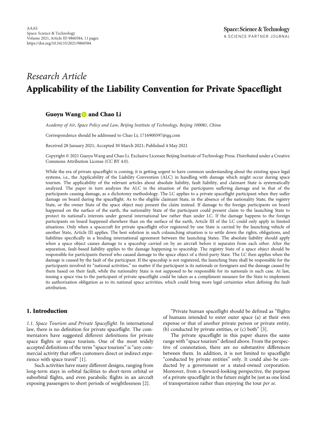 Research Article Applicability of the Liability Convention for Private Spaceflight