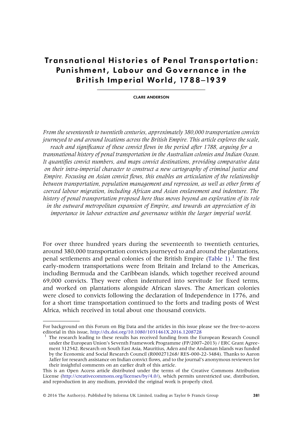 Transnational Histories of Penal Transportation: Punishment, Labour and Governance in the British Imperial World, 1788–1939