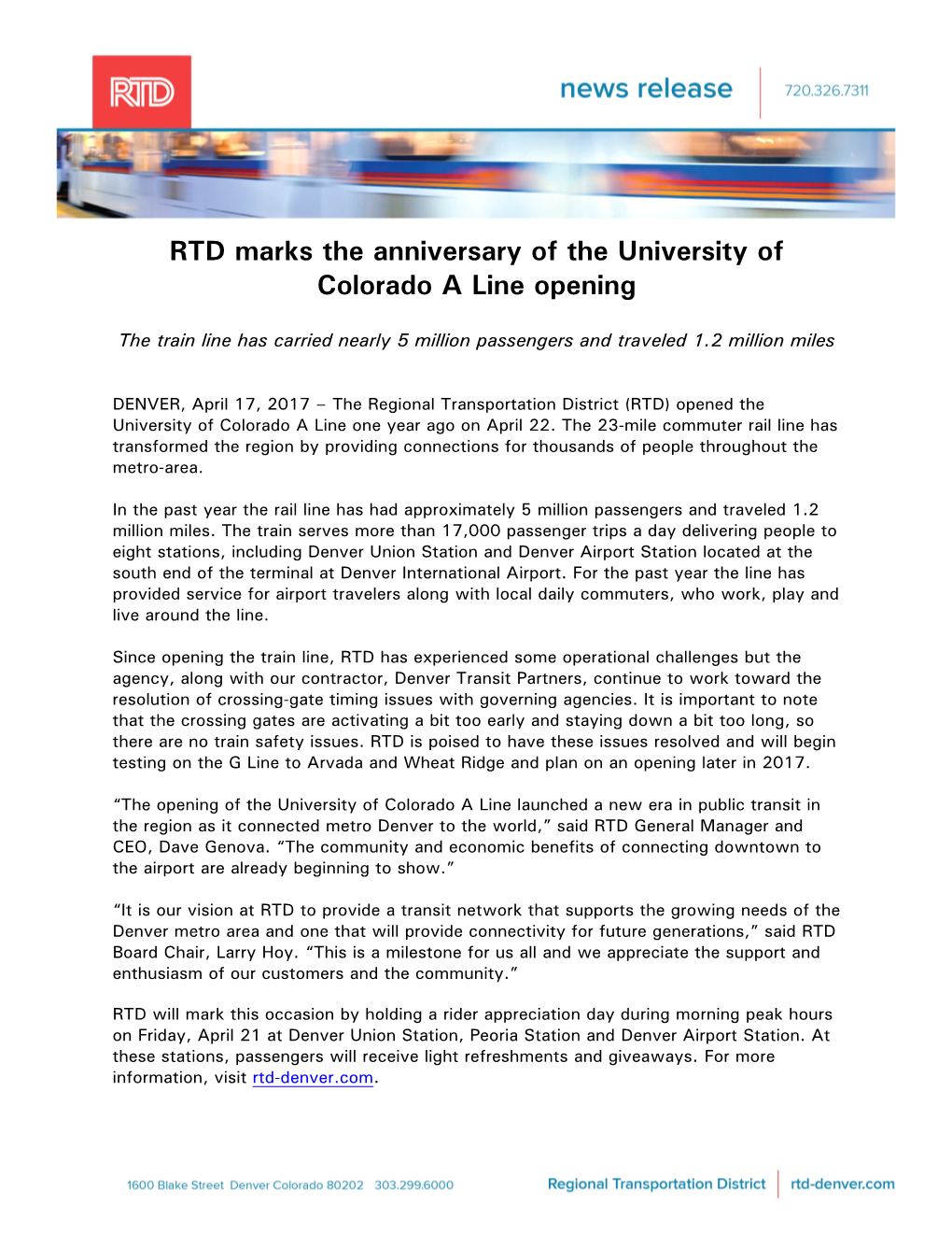 RTD Marks the Anniversary of the University of Colorado a Line Opening