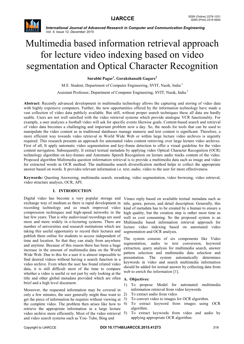 Multimedia Based Information Retrieval Approach for Lecture Video Indexing Based on Video