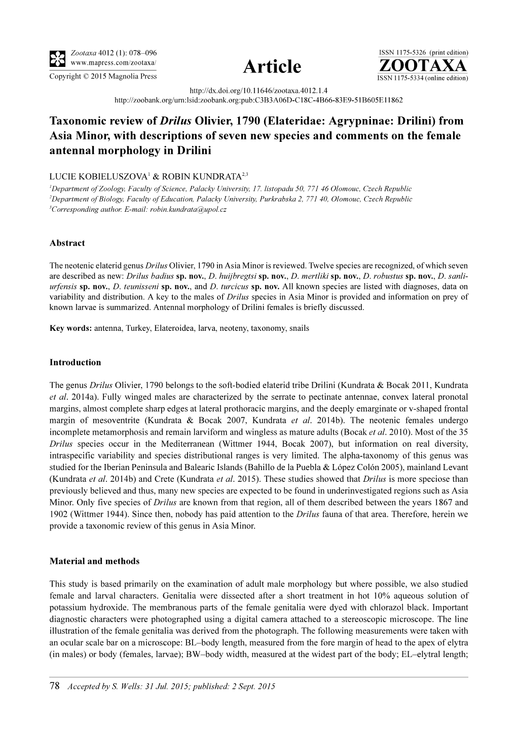 Taxonomic Review of Drilus Olivier, 1790 (Elateridae: Agrypninae: Drilini)