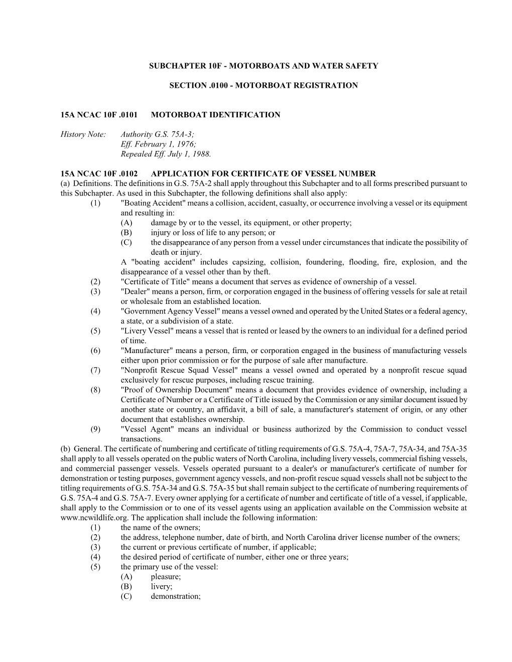 Motorboat Registration 15A Ncac 10F .0101 Motorboat