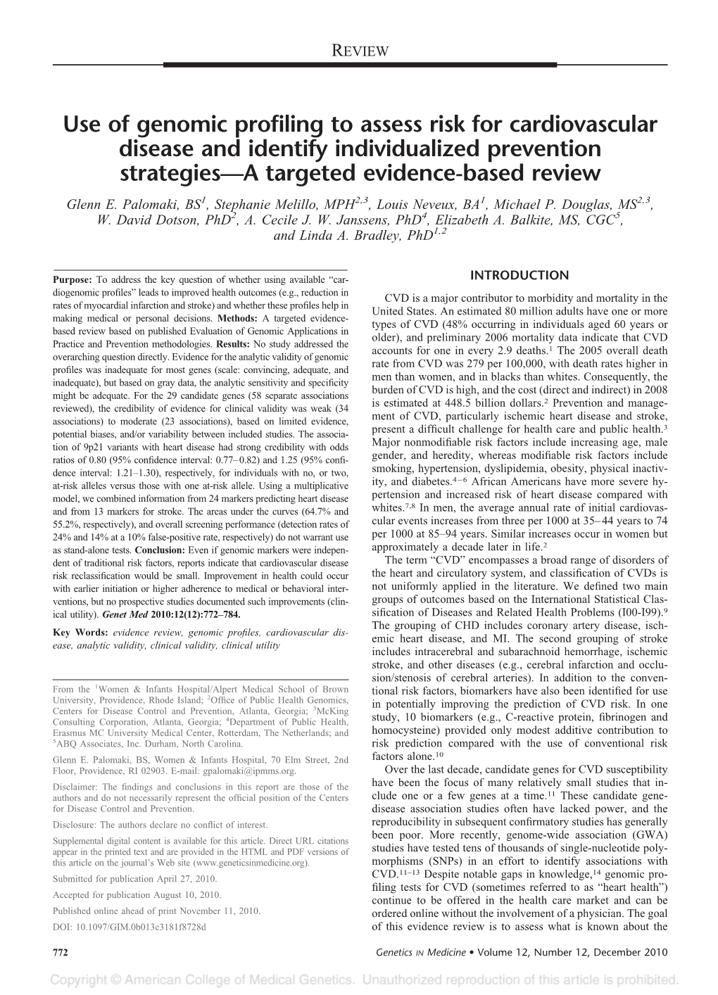 Use of Genomic Profiling to Assess Risk for Cardiovascular Disease and Identify Individualized Prevention Strategies—A Targeted Evidence-Based Review Glenn E