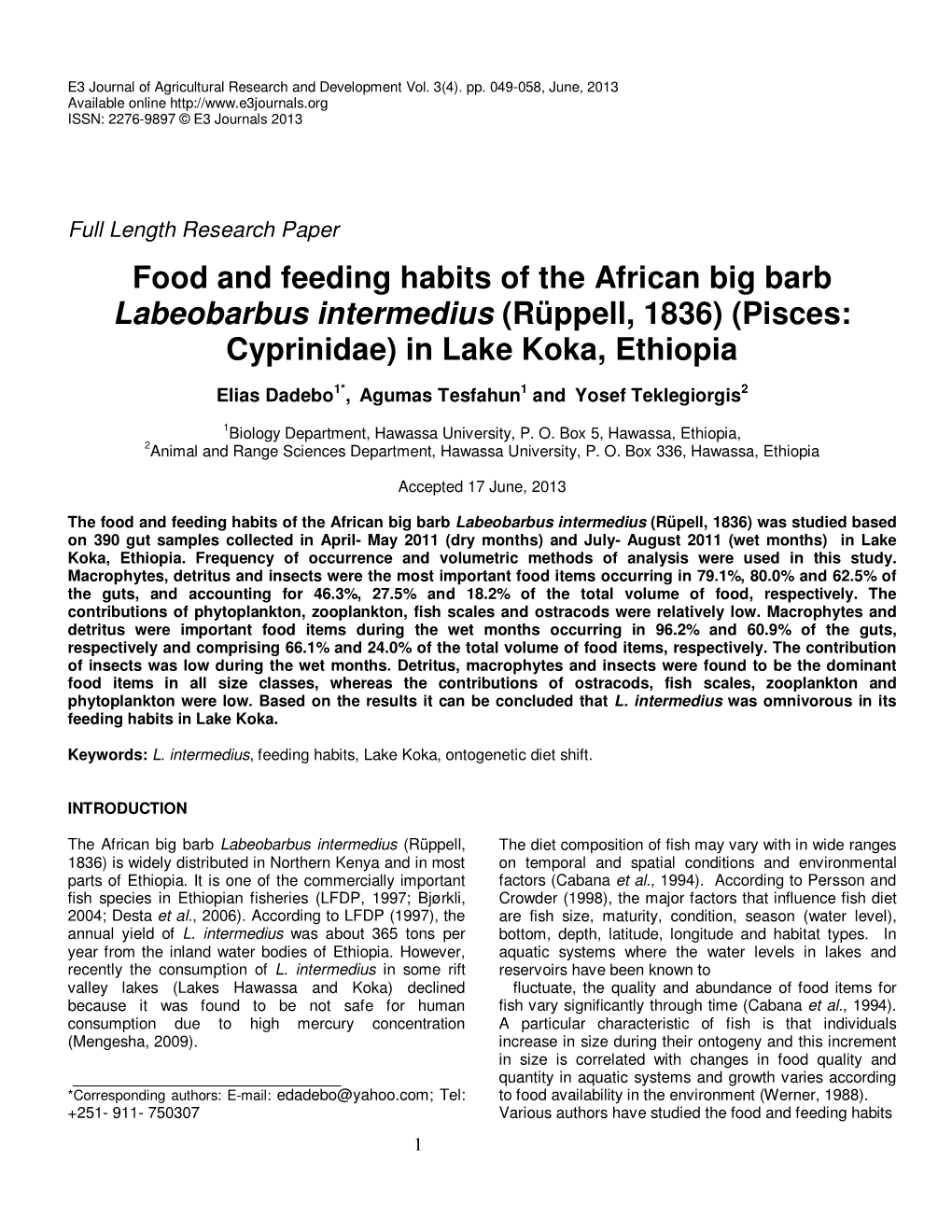 Food and Feeding Habits of the African Big Barb Labeobarbus Intermedius (Rüppell, 1836) (Pisces: Cyprinidae) in Lake Koka, Ethiopia