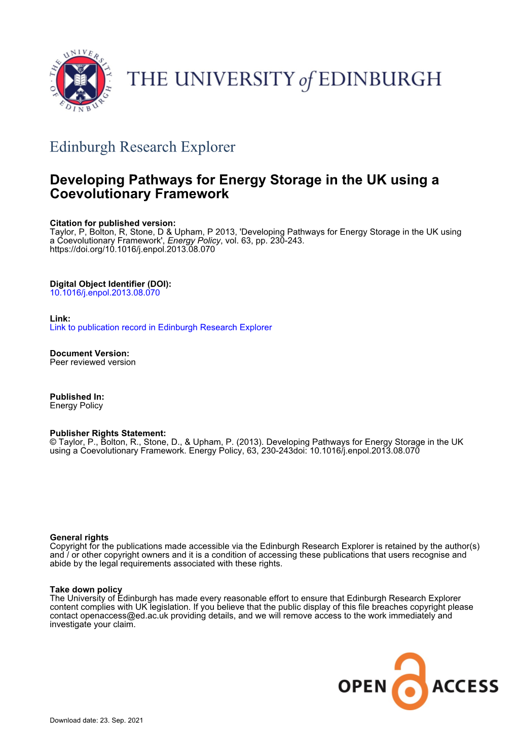 Developing Pathways for Energy Storage in the UK Using a Coevolutionary Framework', Energy Policy, Vol