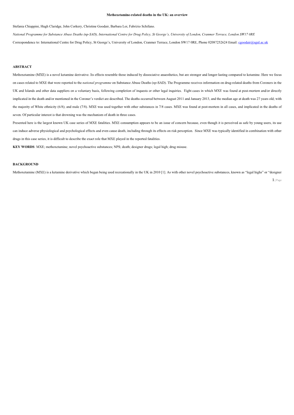 Methoxetamine-Related Deaths in the UK: an Overview Stefania Chiappini