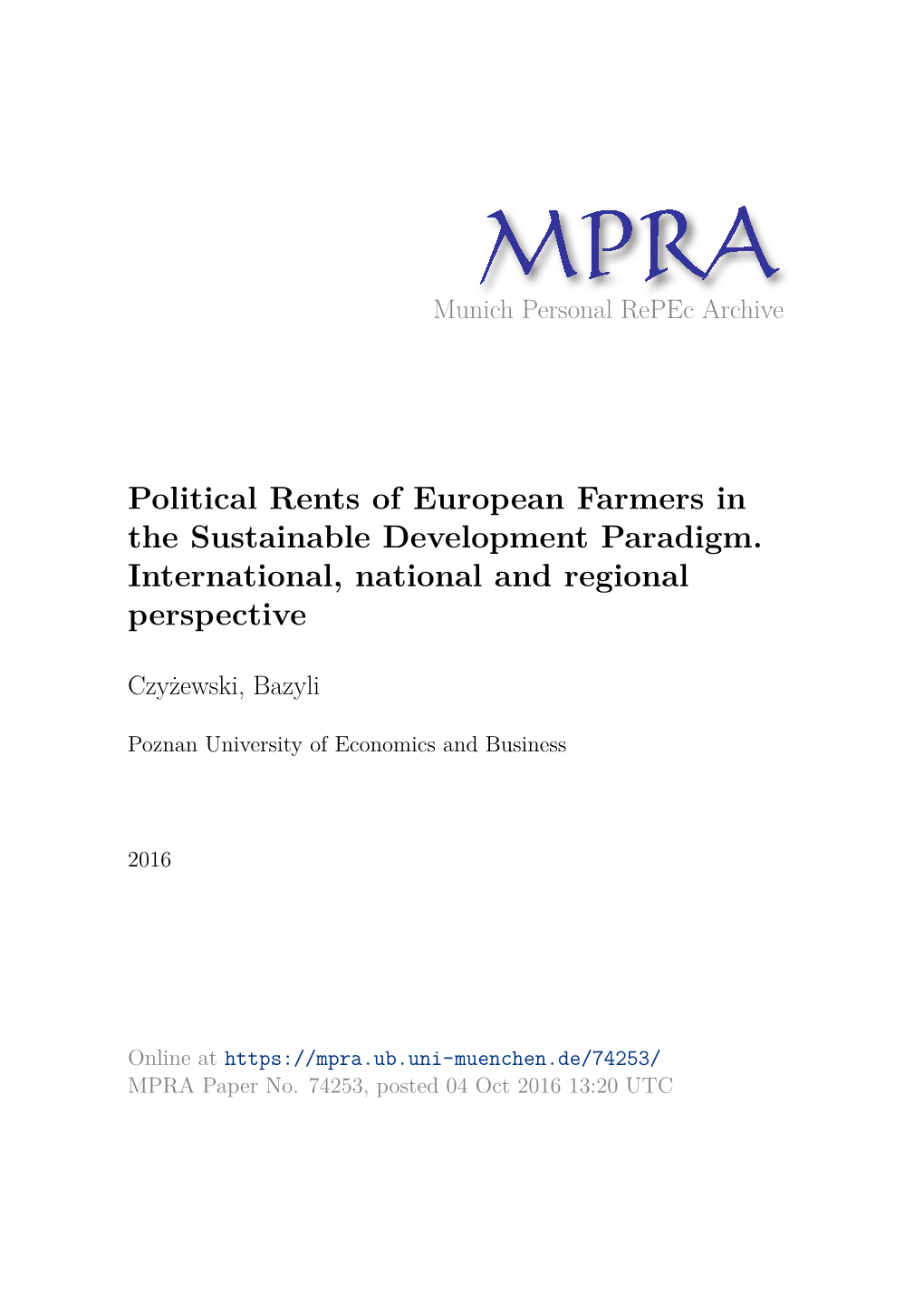 Political Rents of European Farmers in the Sustainable Development Paradigm