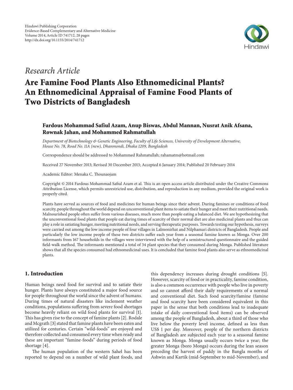 Are Famine Food Plants Also Ethnomedicinal Plants? an Ethnomedicinal Appraisal of Famine Food Plants of Two Districts of Bangladesh