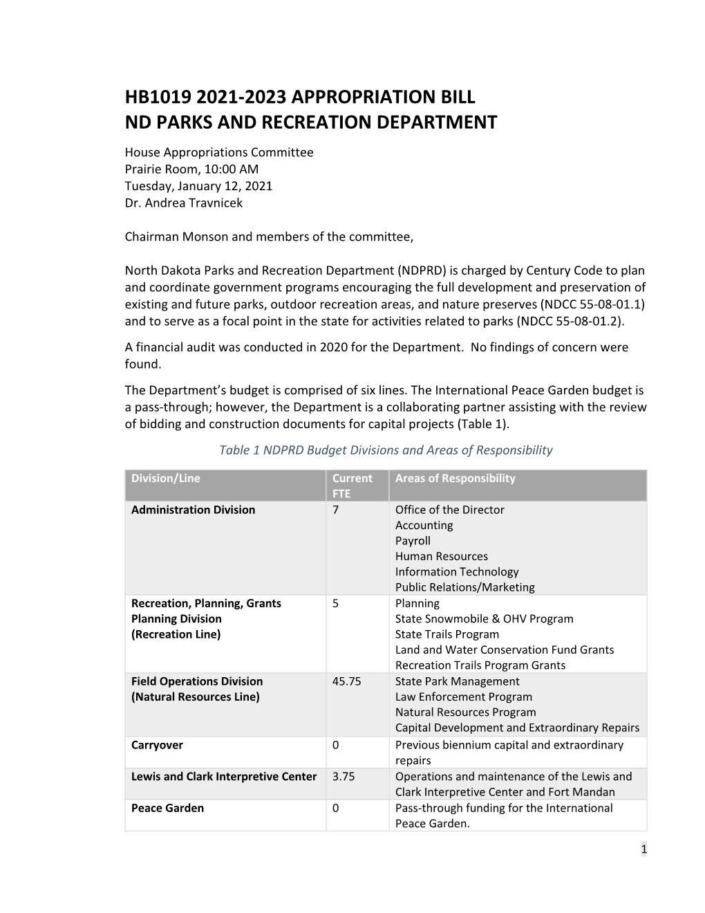 HB1019 2021-2023 APPROPRIATION BILL ND PARKS and RECREATION DEPARTMENT House Appropriations Committee Prairie Room, 10:00 AM Tuesday, January 12, 2021 Dr