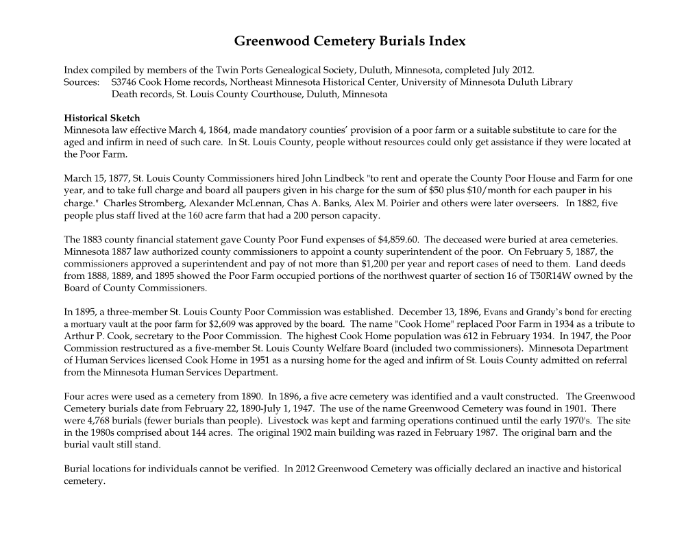 Greenwood Cemetery Burials Index