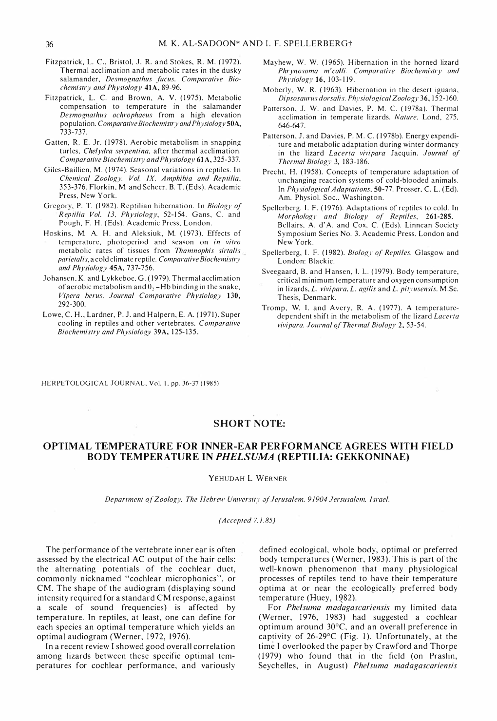 Optimal Temperature for Inner-Ear Performance Agrees with Field Body Temperature in Phel Suma (Reptilia: Gekkoninae)