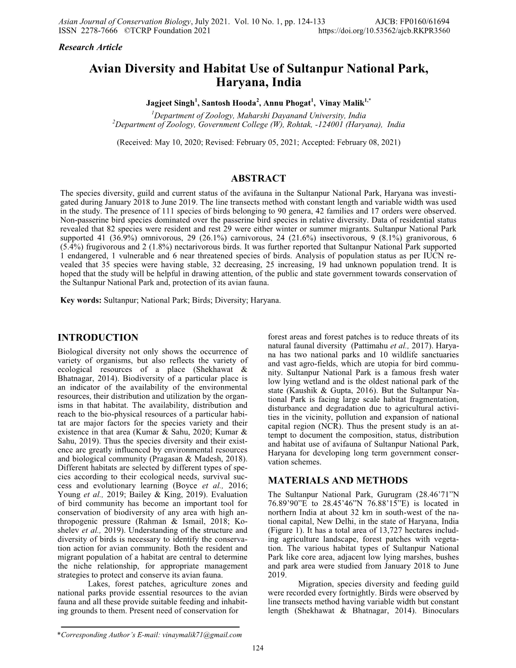 Avian Diversity and Habitat Use of Sultanpur National Park, Haryana, India