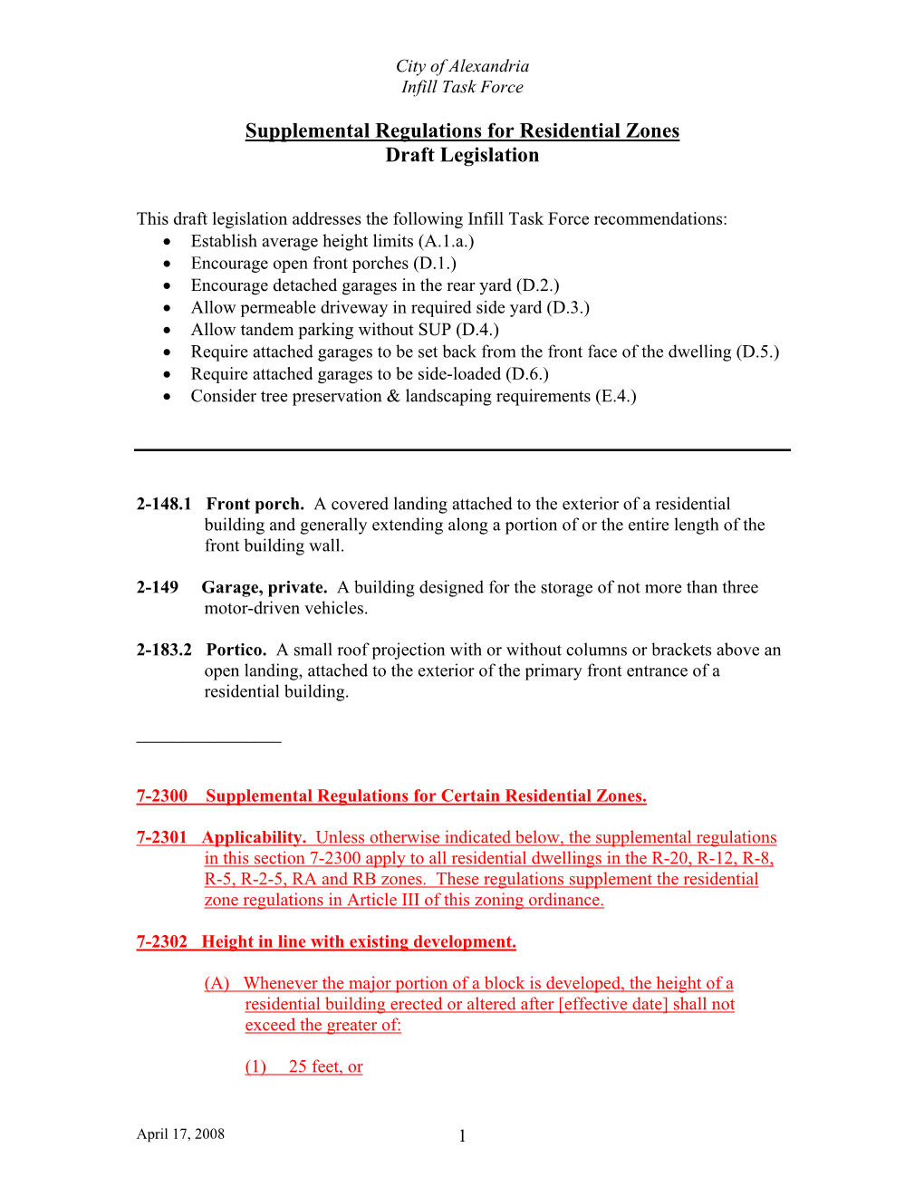 Supplemental Regulations for Residential Zones Draft Legislation