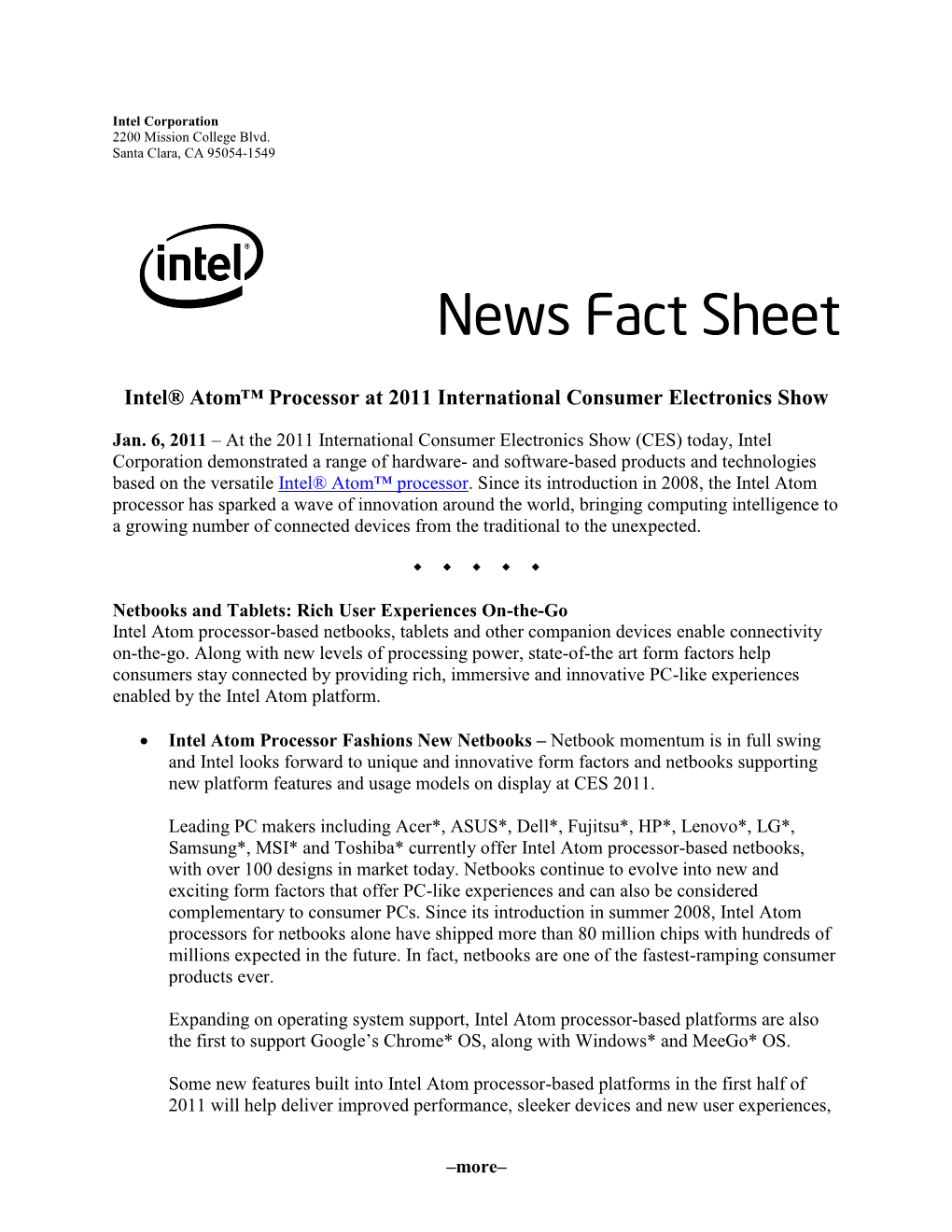 Intel® Atom™ Processor at 2011 International Consumer Electronics Show