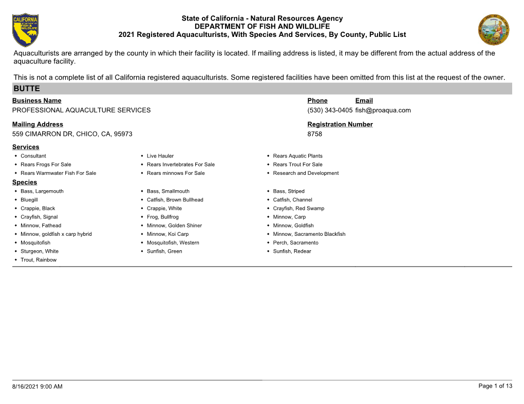 State of California - Natural Resources Agency DEPARTMENT of FISH and WILDLIFE 2021 Registered Aquaculturists, with Species and Services, by County, Public List