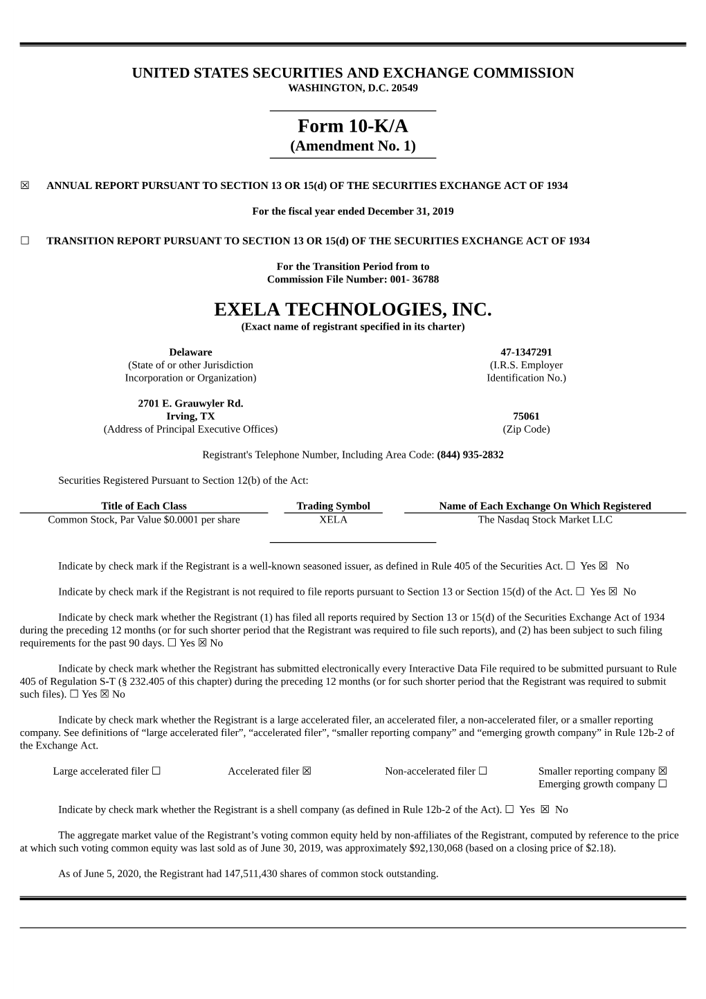 Form 10-K/A EXELA TECHNOLOGIES, INC