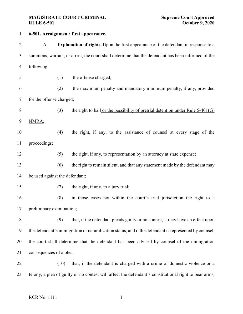 MAGISTRATE COURT CRIMINAL Supreme Court Approved RULE 6-501 October 9, 2020