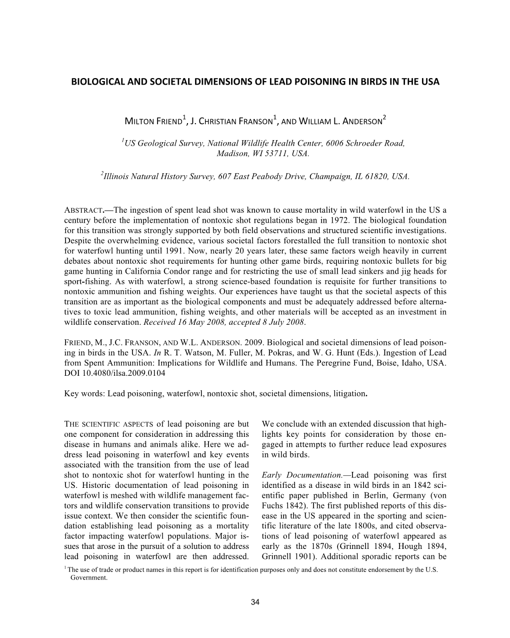 Biological and Societal Dimensions of Lead Poisoning in Birds in the Usa