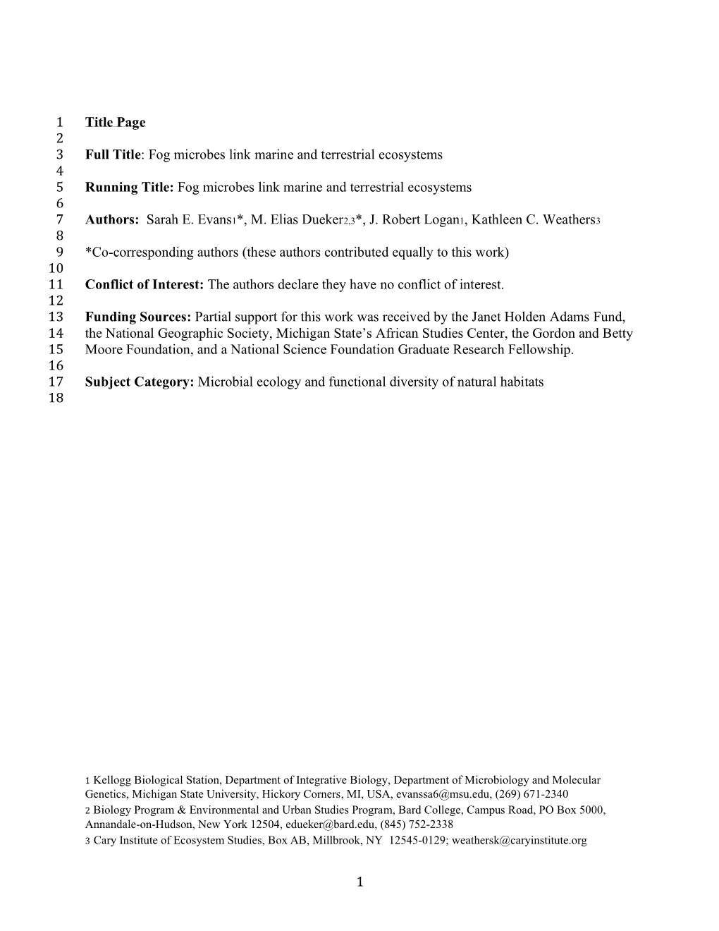 Fog Microbes Link Marine and Terrestrial Ecosystems 3 4 Running