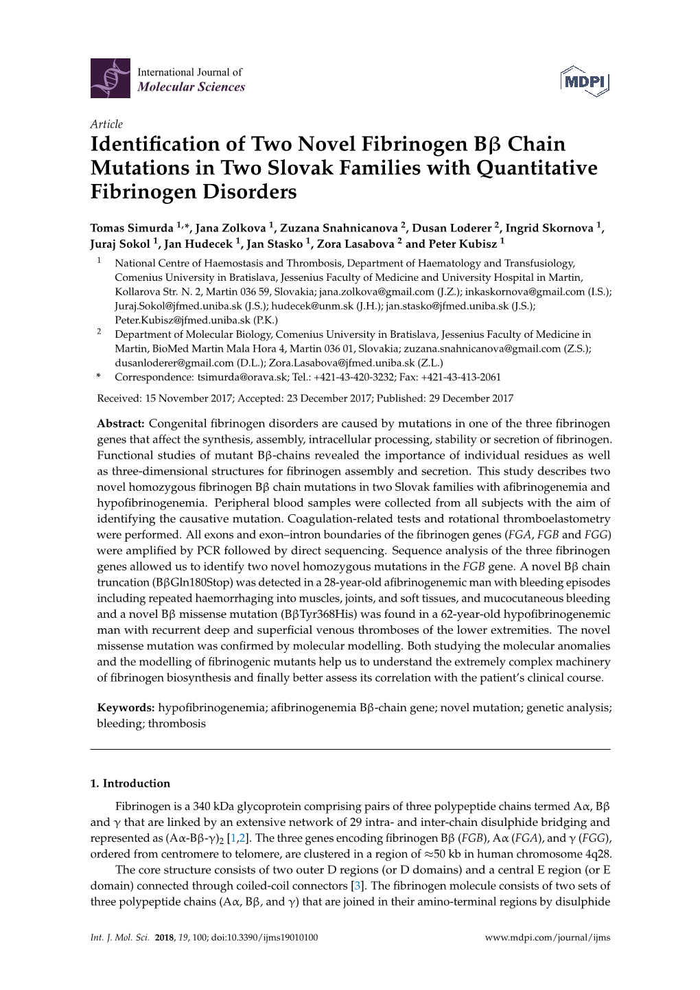 Identification of Two Novel Fibrinogen Bβ Chain Mutations in Two Slovak Families with Quantitative Fibrinogen Disorders