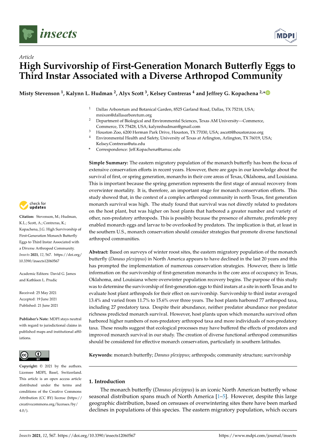 High Survivorship of First-Generation Monarch Butterfly Eggs to Third Instar Associated with a Diverse Arthropod Community