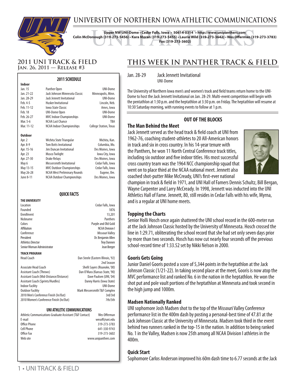 UNI PANTHERS Fax (319-273-3602) 2011 UNI TRACK & FIELD THIS WEEK in PANTHER TRACK & FIELD Jan