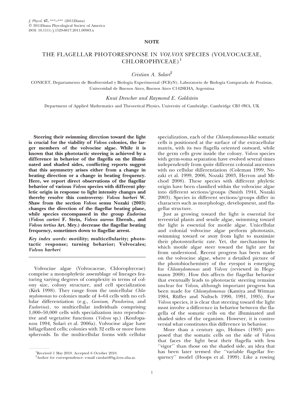 The Flagellar Photoresponse in Volvox Species (Volvocaceae, Chlorophyceae)1