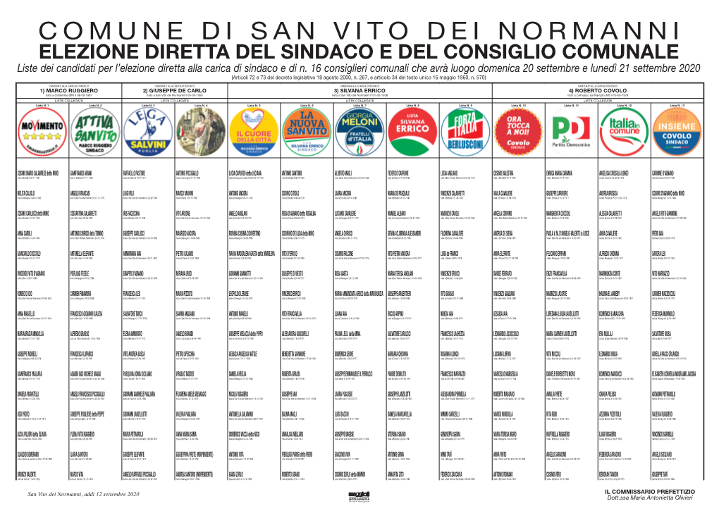 Liste Dei Candidati Per L'elezione Diretta Alla Carica Di Sindaco E Di N