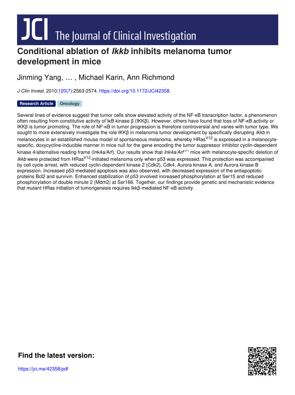 Conditional Ablation of Ikkb Inhibits Melanoma Tumor Development in Mice