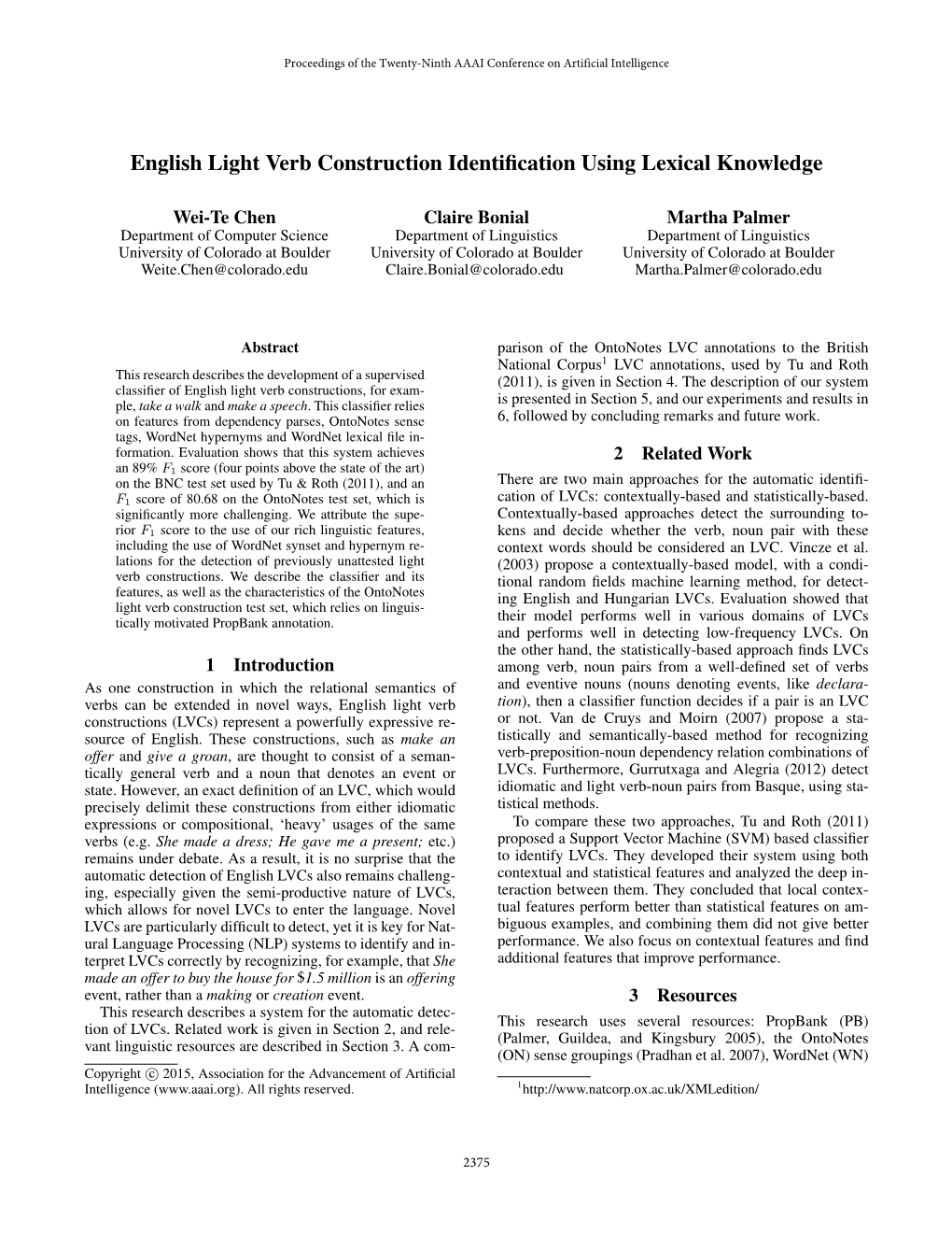 English Light Verb Construction Identification Using Lexical