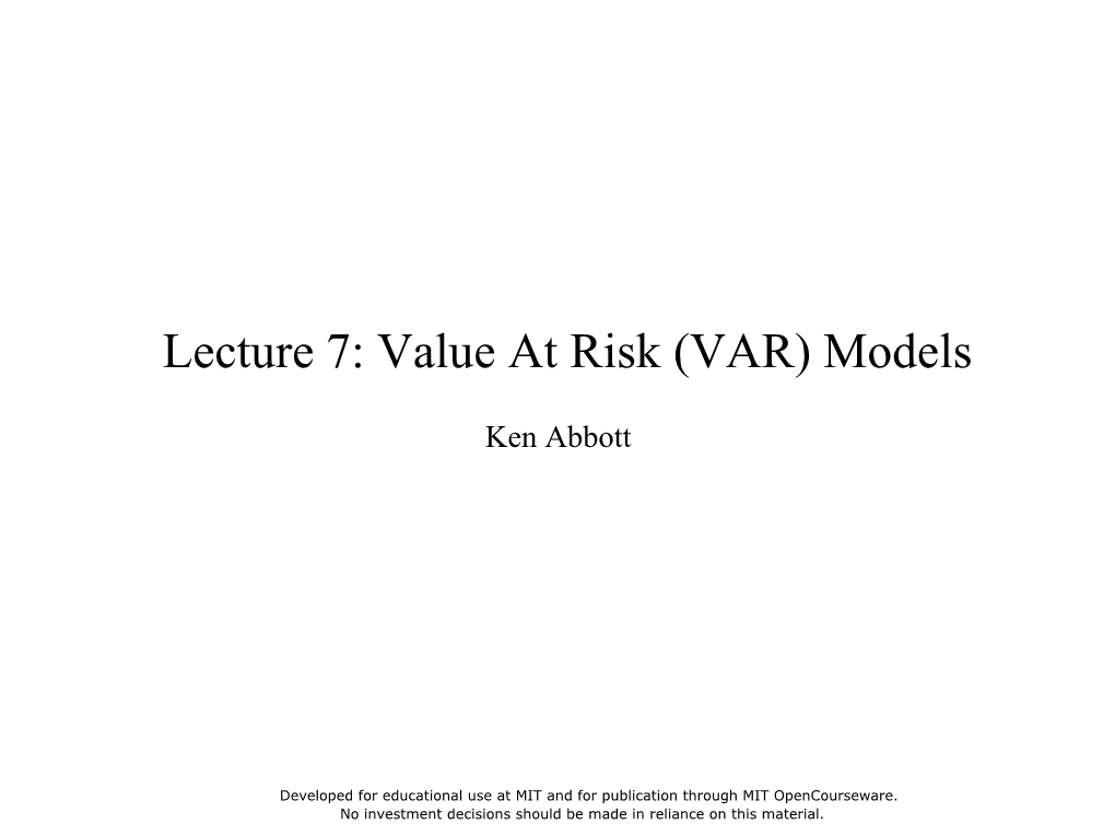 Value at Risk (VAR) Models