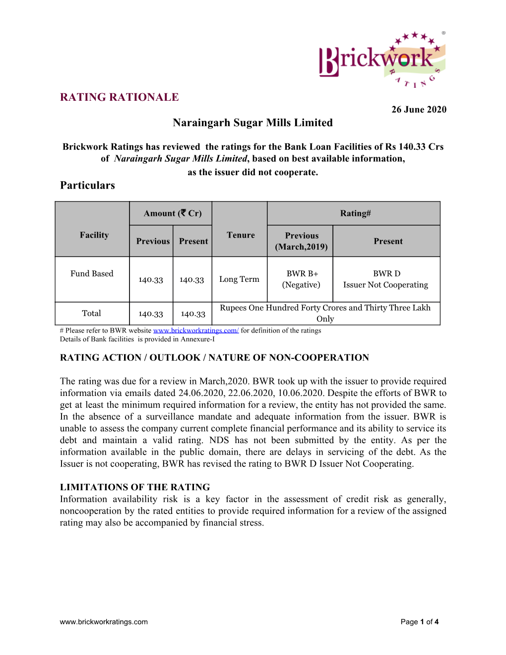 RATING RATIONALE Naraingarh Sugar Mills Limited Particulars