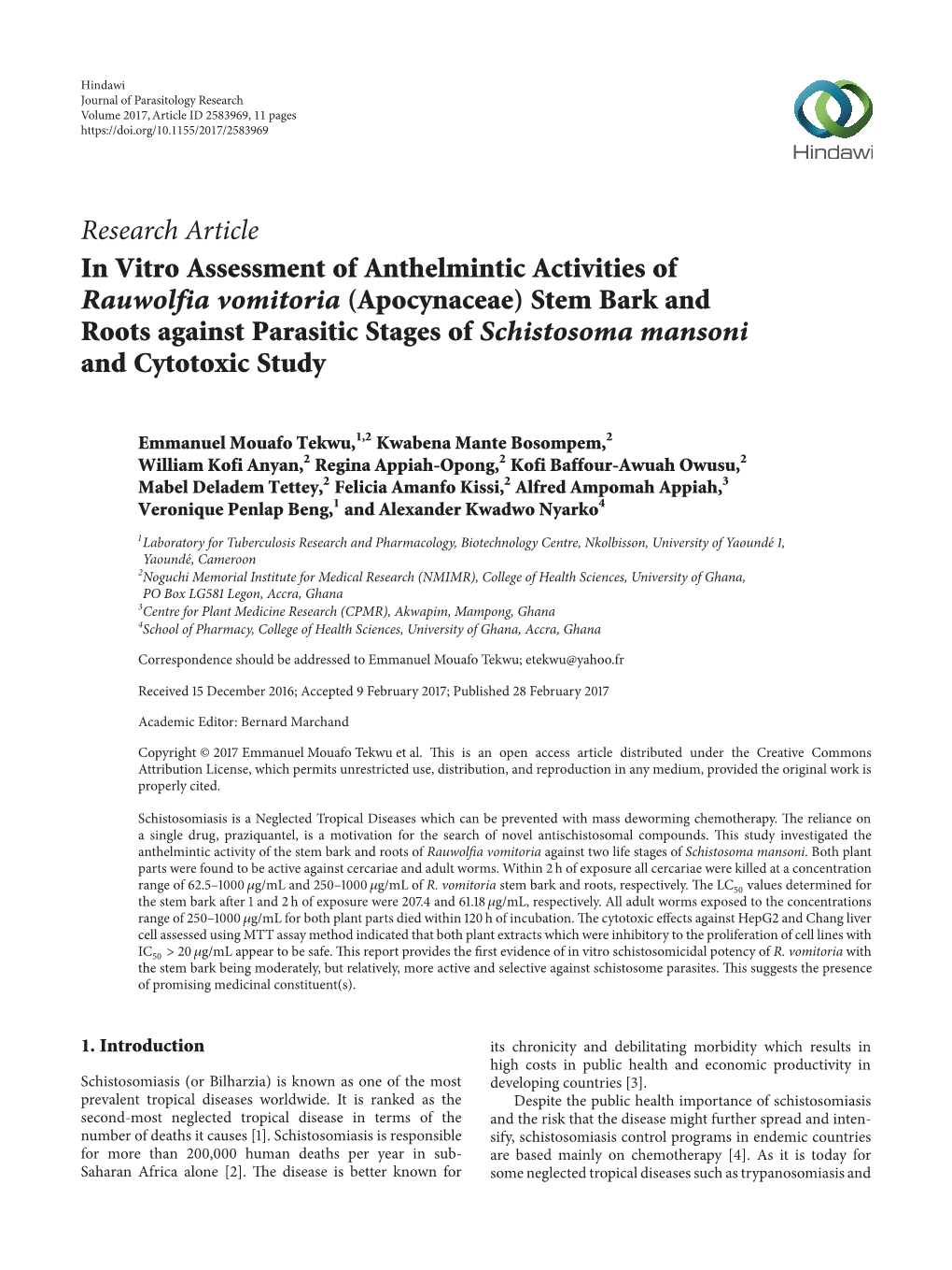 In Vitro Assessment of Anthelmintic Activities of Rauwolfia Vomitoria