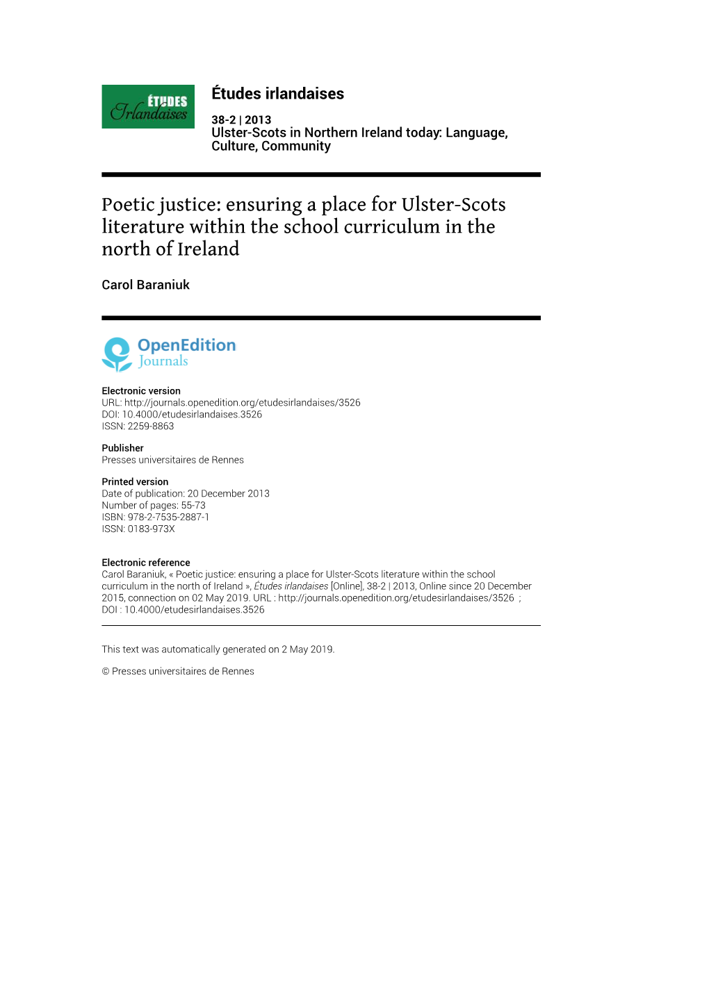 Études Irlandaises, 38-2 | 2015 Poetic Justice: Ensuring a Place for Ulster-Scots Literature Within Th