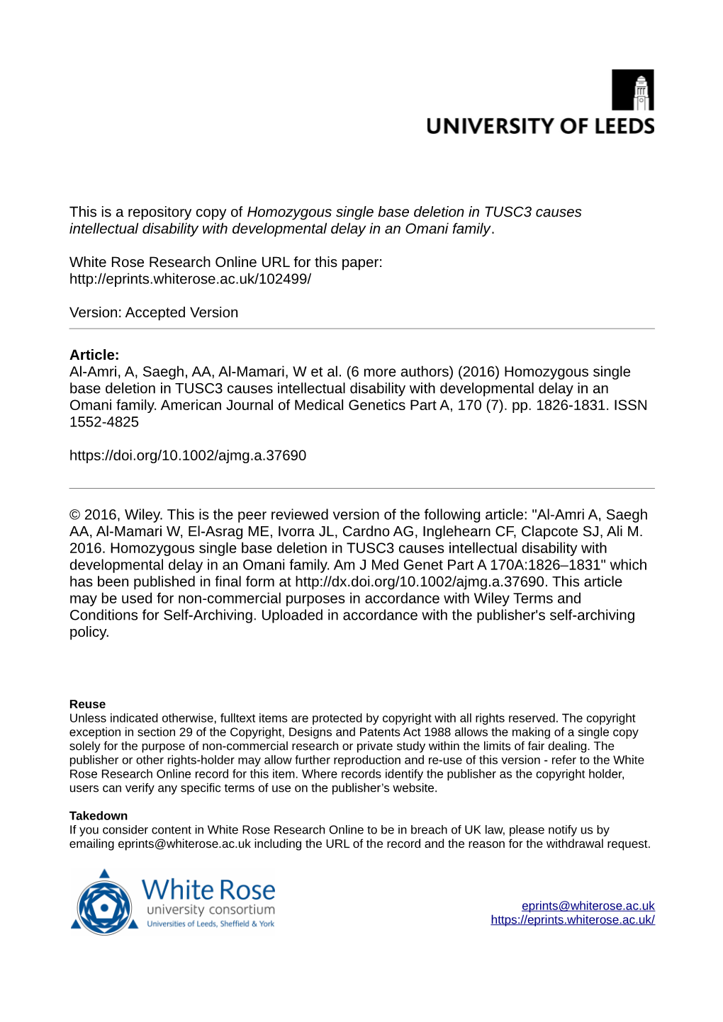 Homozygous Single Base Deletion in TUSC3 Causes Intellectual Disability with Developmental Delay in an Omani Family