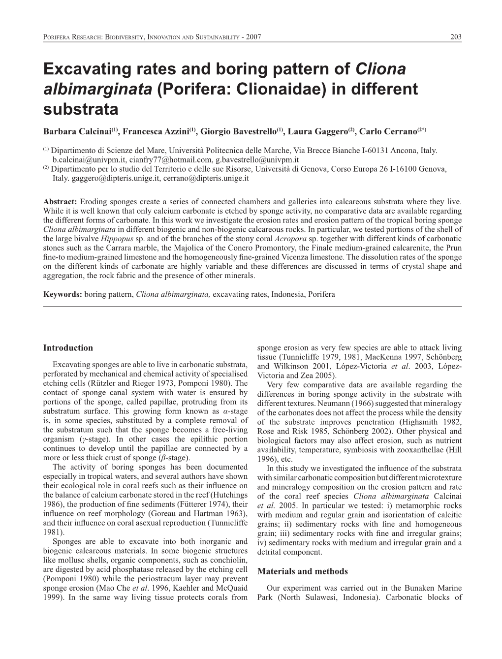 Excavating Rates and Boring Pattern of Cliona