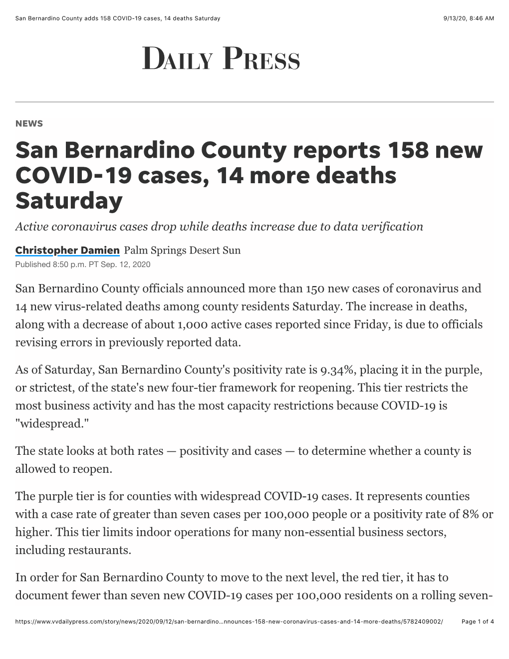 San Bernardino County Reports 158 New COVID-19 Cases, 14 More Deaths Saturday Active Coronavirus Cases Drop While Deaths Increase Due to Data Verification