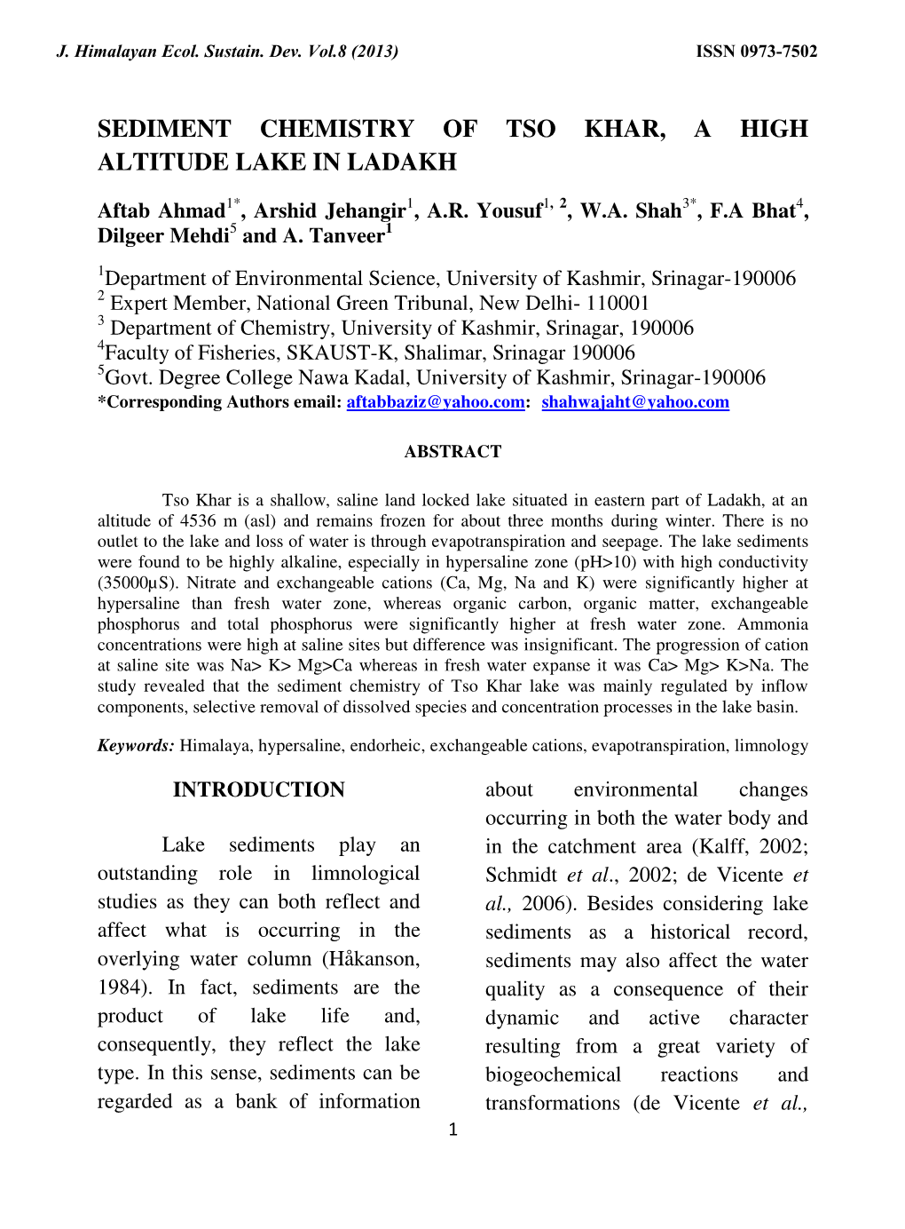 Sediment Chemistry of Tso Khar, a High Altitude Lake in Ladakh