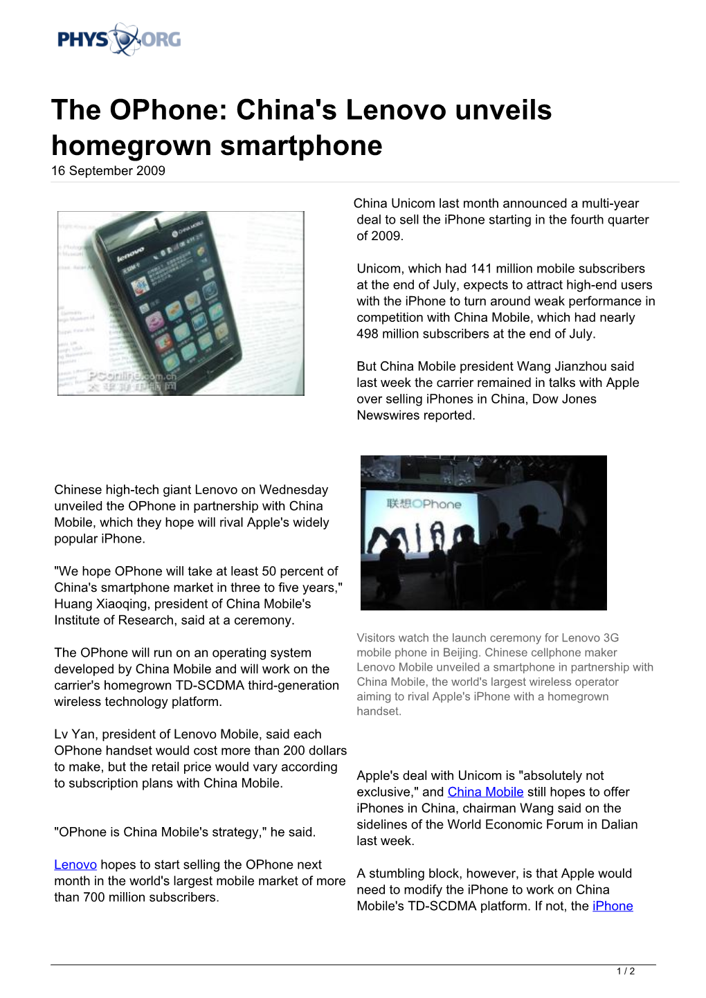 The Ophone: China's Lenovo Unveils Homegrown Smartphone 16 September 2009