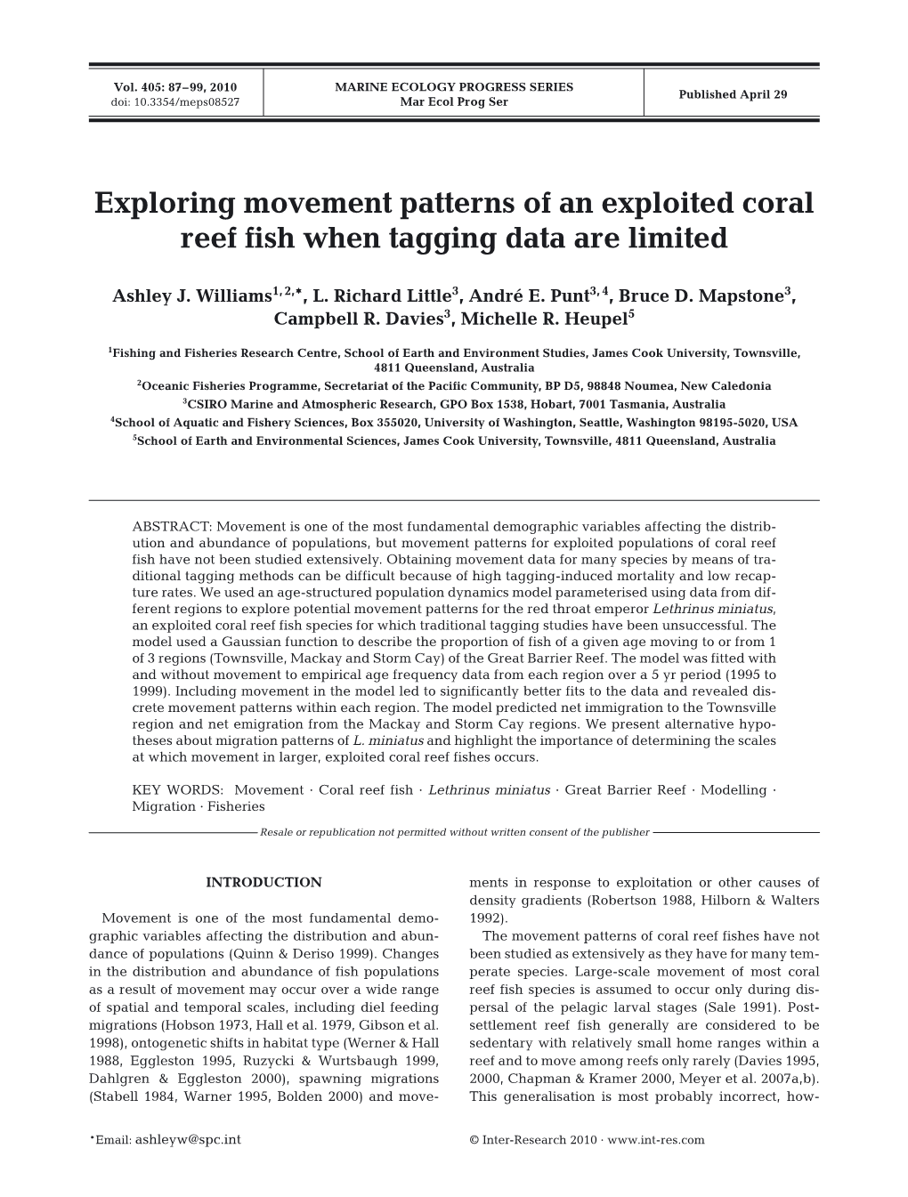 Exploring Movement Patterns of an Exploited Coral Reef Fish When Tagging Data Are Limited