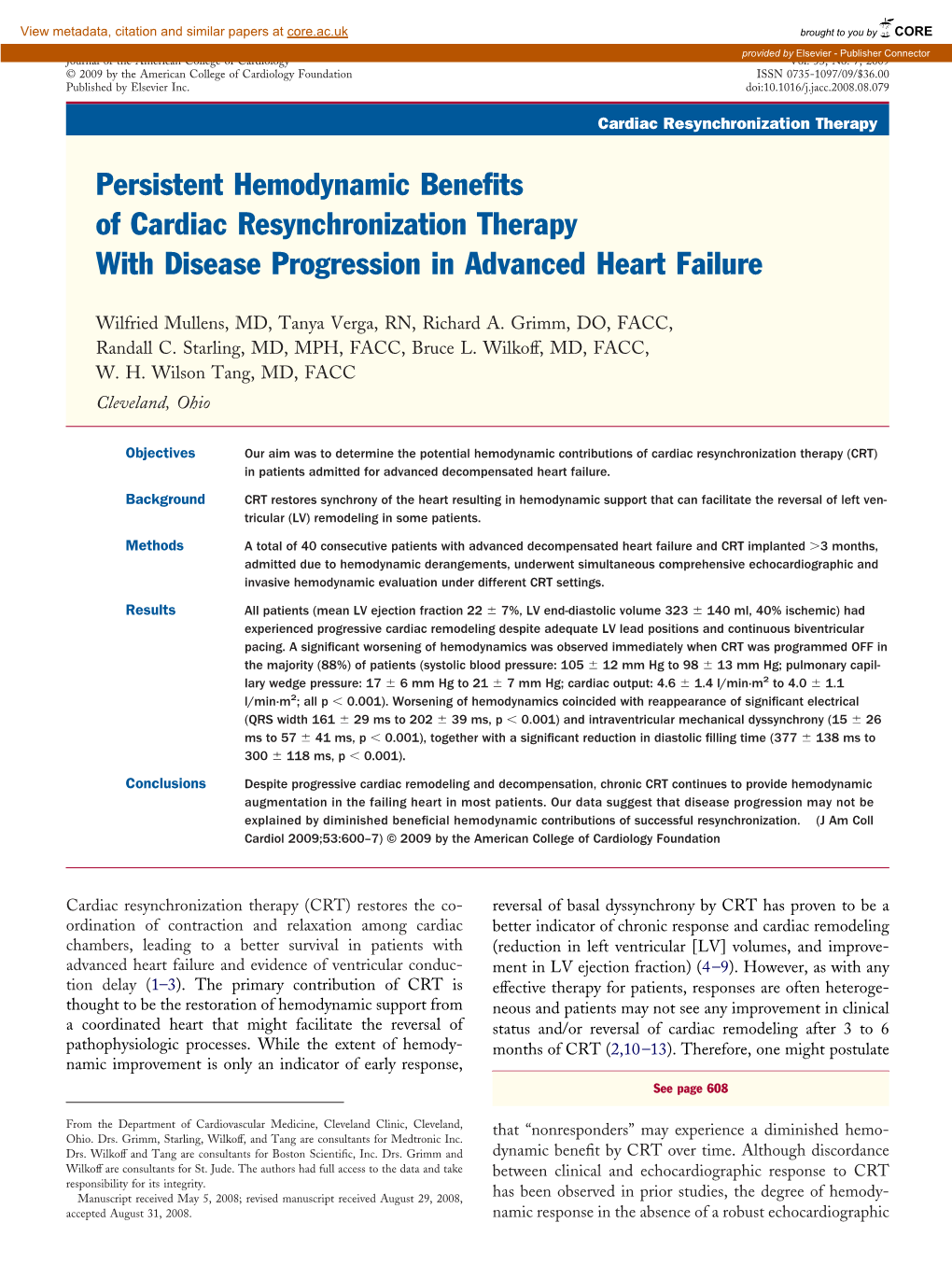 Persistent Hemodynamic Benefits of Cardiac Resynchronization