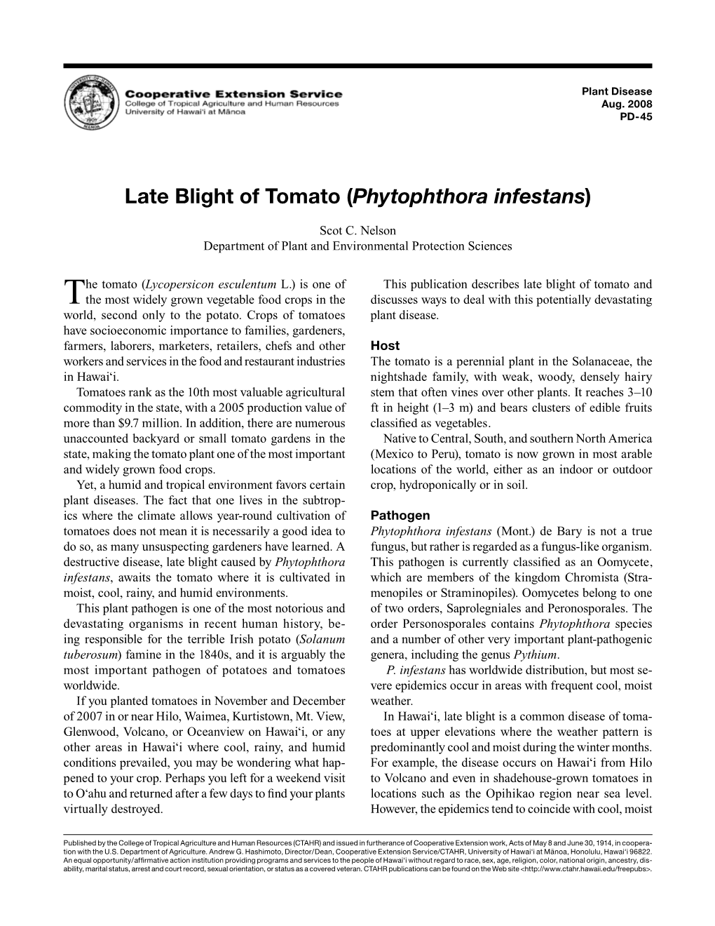 Late Blight of Tomato (Phytophthora Infestans)